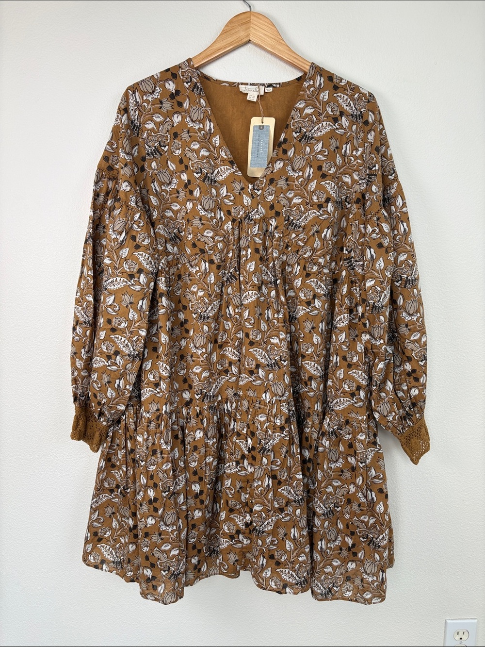 Anthropologie Let Me Be Jemma Floral Tunic Mini Dress Petite 12P Brown NWT